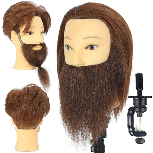 Brown Male Mannequin Head with Beard 100% Human Hair for Cosmetology Training
