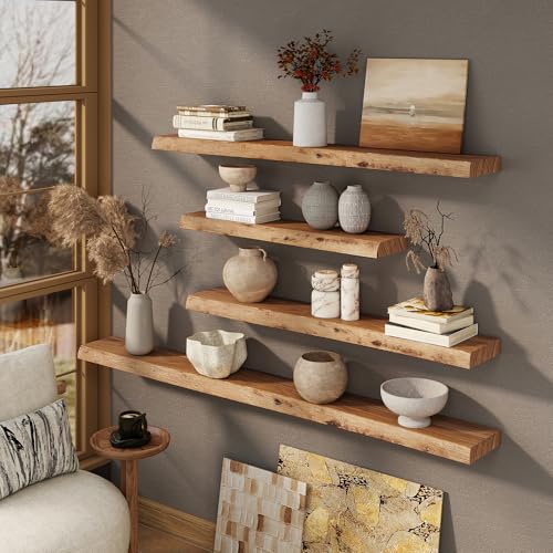 Natural Live Edge Wood Floating Shelves 36 Inch Wall Mounted 2 Pack