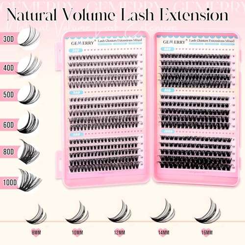 GEMERRY Lash Clusters 30D 40D 50D 60D 80D 100D Eyelashes Clusters Extensions 8-16mm Individual Lashes D Curl Fluffy Wispy False Eyelashes Cluster Lashe DIY Cluster for Beginners