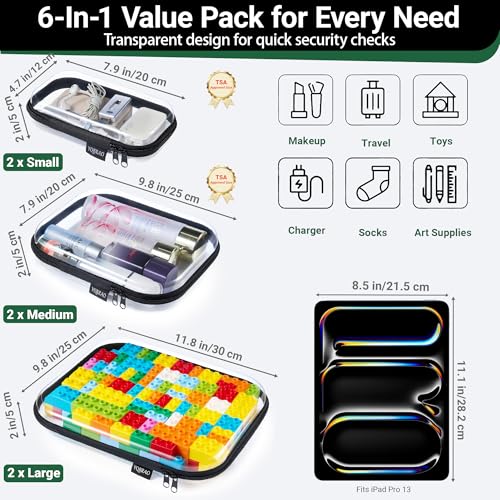 Black Multi-Size Hard Shell Zipper Cases 6-Pack Organizer Set