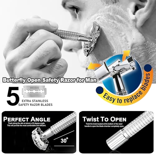 WEISHI Butterfly Open Double Edge Safety Razor for Men, Chrome Short Handle with 5 Stainless Razor Blades Included, Reusable Wet Shave Tool for Smooth, Close Shave