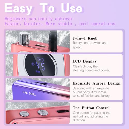 Cordless Professional Nail Drill - 45000RPM Electric Nail File with LED Display - Gradient Colorway
