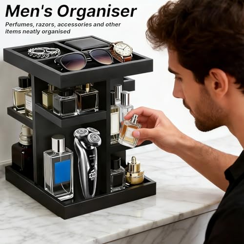 Wooden Cologne Organizer for Men,3 Tier Large Capacity Perfume Shelf with Rotate,Cologne Stand for Desk & Nightstand Organizer,Cologne Shelf Organizer for Mens Gift(Black)
