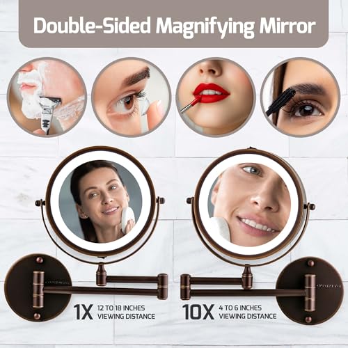 Wall Mounted Lighted Makeup Mirror - 8.5 inch, 10X Magnification, Antique Bronze