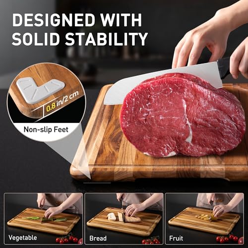 Teak Wood Cutting Boards Set - Multi-Size 3 Pack with Non-Slip Base