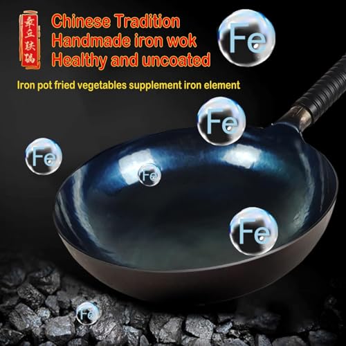 14-Inch Carbon Steel Wok Round Bottom with Wooden Lid & Rubber Handle - Gas Stove Ready, Traditional Chinese Cooking, 14in / Rubber Handle