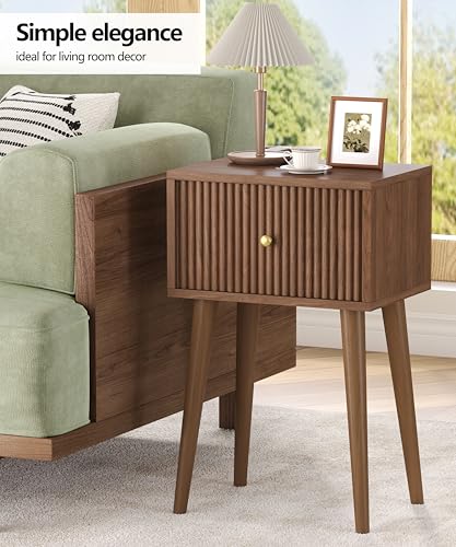 Small Walnut Nightstand Set of 2 with Fluted Drawers and Wood Legs