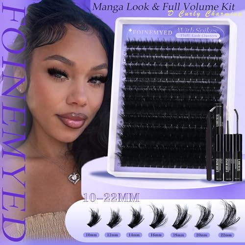 Spiky Lash Clusters Kit 300D Manga Volume Lash Clusters with Spikes 10-22MM Eyelash Clusters D-Curly DIY Lash Extension Kit Dramatic Spiky Look Eyelash Extension Kit by FOINEMYED