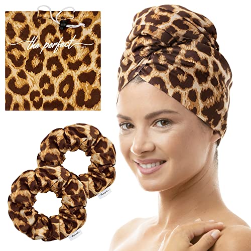 Leopard Microfiber Hair Towel Wrap & 2 Large Hair Ties Set - Anti-Frizz, Absorbent, Gentle for Wet Hair