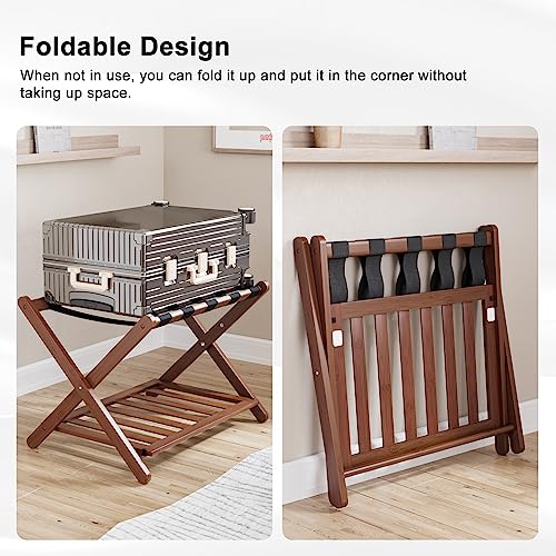 Walnut Luggage Rack Set of 2 Foldable Suitcase Stands with Shelves and Nylon Straps