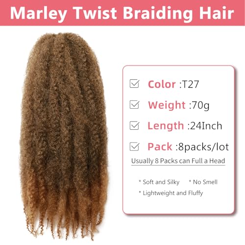 Marley Twist Braiding Hair 24 Inch - 8 Packs Soft Cuban Twist Hair for Black Women (Variation: T27 / 24 Inch)