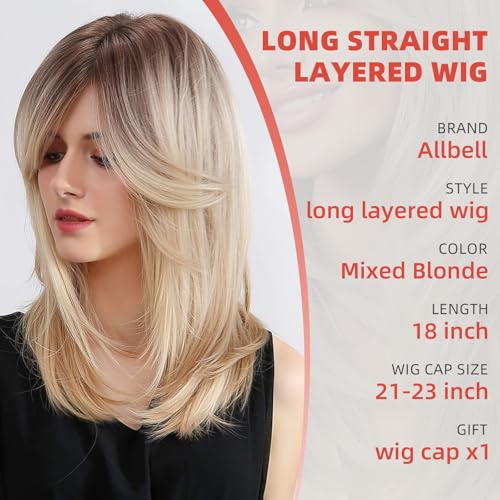 Allbell Mixed Blonde Curtain Bangs Wig - Medium Length Layered Synthetic Hair