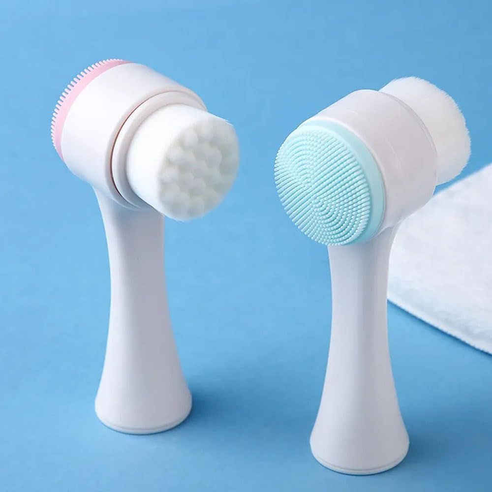 Manual Face Brush 2 in 1, Facial Cleansing Exfoliating, Silicone Double Side Face Wash Scrub Brush with Soft Bristles