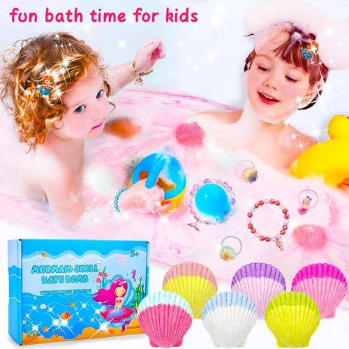 Kids Mermaid Bath Bombs Set with Surprise Jewelry - 6 Pcs Natural Fizzy Princess Fun