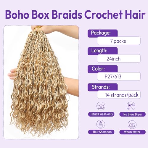 24 Inch Goddess Box Braids Crochet Hair - Boho Pre-Looped Synthetic Braids (Pack of 7) - Natural Look & Easy Installation
