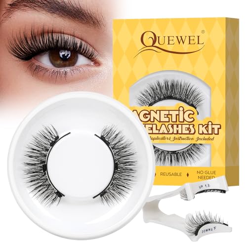 QUEWEL Magnetic Eyelashes 1 Pair Reusable Magnetic Eyelashes Natural Look with Applicator No Glue Needed Lash Clusters Kit Easy to Wear and Remove(XYT-A01)