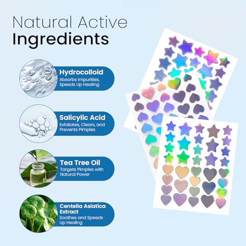 Overnight Pimple Fix Patches ? Natural Ingredients, Star & Heart?Shaped Hydrocolloid Stickers, Dual Size 67?85?mm & 66?98?mm, 116 ?Patches for Clear, Confident Skin