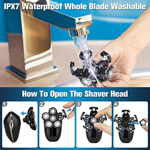 Silver 6-in-1 Electric Head Shaver for Men Waterproof Rotary Razor Kit