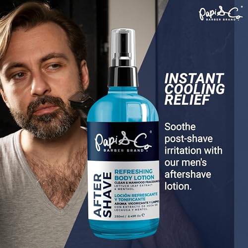 PAPI & CO. After Shave Lotion for Men, Refreshing Post Shave Body Lotion with Menthol & Lettuce Leaf Extract, Toning Aftershave with Exclusive Fragrance, Daily Grooming Care, 250 mL / 8.45 fl oz