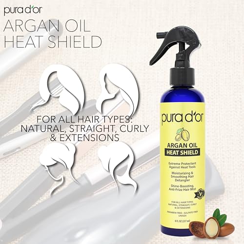 PURA D'OR Argan Oil Heat Protectant Spray 8 Oz Pack of 2 - Thermal Heat Shield for Hair Up to 450°F, Leave-In Shine & Damage Repair
