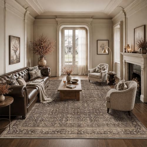 JOOJA 8x10 Dark Brown Vintage Low Pile Area Rug - Non-Slip Washable Boho Carpet