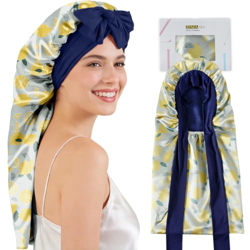 ZIMASILK Blue Lemon Silk Sleep Bonnet for Long Hair - One Size