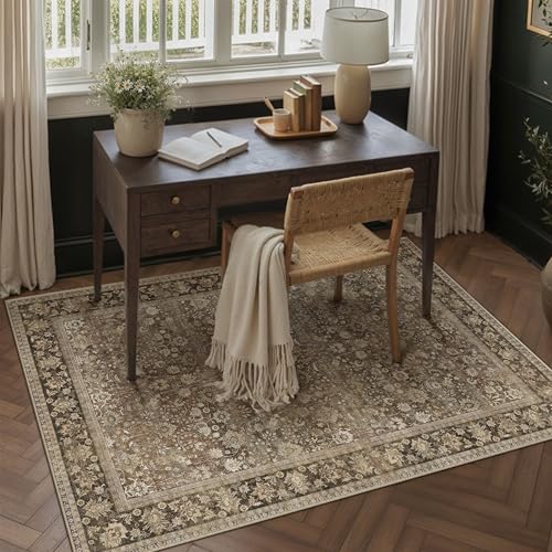 HUGEAR 5x7 Brown Vintage Floral Washable Area Rug for Living Room - Low Pile, Non-Slip, Foldable