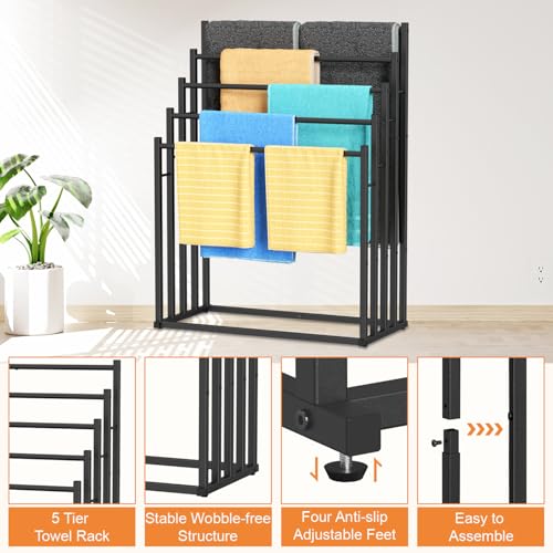 Honiter 5-Tier Wide Black Free Standing Towel Rack for Bathroom & Pool
