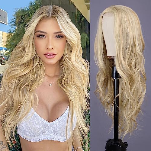 Long Wavy Blonde Wig for Women 26 Inch Synthetic Hair - Middle Part - Blonde