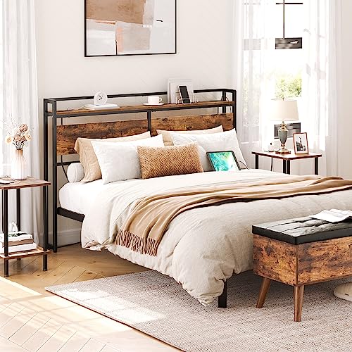 Queen Size Headboard with Outlets & USB Ports, Rustic Brown & Black, Adjustable Storage Rack