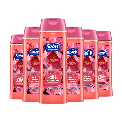 Suave Body Wash Pack of 6, Cherry Blossom and Men's Cedarwood, 18 Oz, With Vitamin E and 10X More Moisturizers