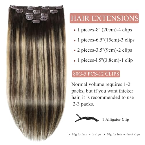 16 Inch Clip-In Hair Extensions - Balayage Chocolate Brown to Caramel Blonde, Remy Human Hair