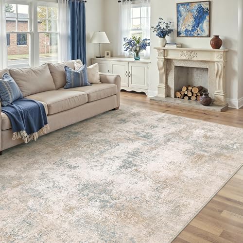 Modern Abstract Washable Area Rug - 8x10 Beige & Blue Living Room Decor - Non-Slip