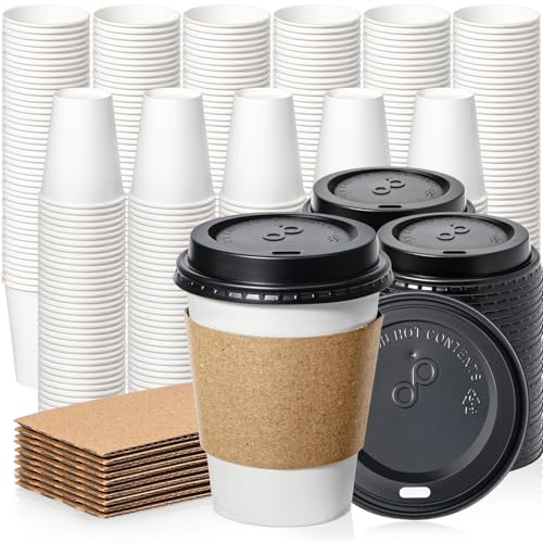 500 Pack 12 oz Disposable Coffee Cups with Lids, Sleeves & Leak-Proof Design