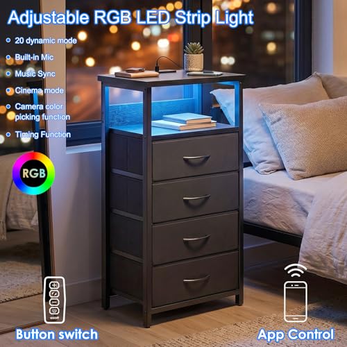Fixwal Night Stand with Charging Station RGB LED Lights 4 Drawers - Black, 15.7"D x 11.8"W x 33.1"H