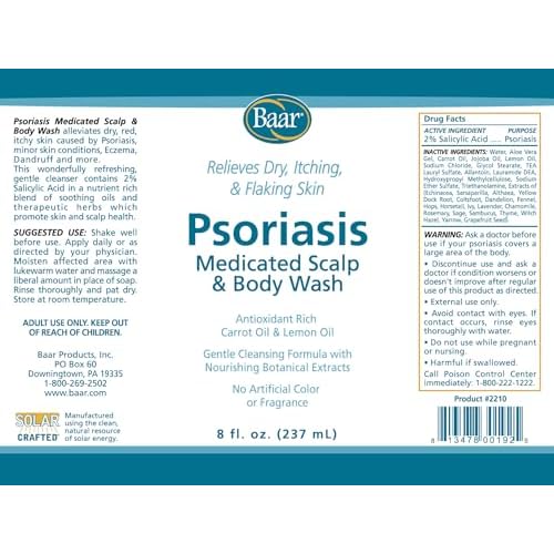 BAAR Psoriasis Therapeutic Scalp & Body Wash, Soothing Healing Formula with 2% Salicylic Acid and Antioxidant-Packed Botanicals like Carrot and Lemon Oil to Relieve Itchy, Dry Skin, 8 fl oz