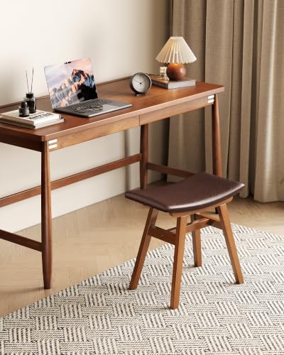 Walnut Vanity Stool with Extra-Long 19.7-Inch Seat - Solid Rubberwood Frame
