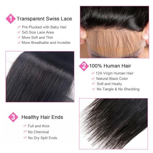 5x5 Transparent HD Lace Closure - Silky Straight Human Hair, Pre-Plucked, 16 Inch