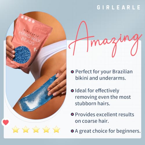 GIRLEARLE Blue Hard Wax Beads for Sensitive Skin, 1lb Wax Refill for Hair Removal, Bikini, Legs, Facial, Full Body, Chamomile Formula