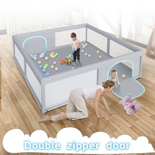 Large Baby Playpen 79x79 Inch - Grey, Safe Toddler Play Area