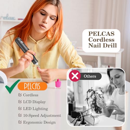 PELCAS Grey Electric Nail Grinder with 10 Speeds & LED Light, Cordless & Rechargeable