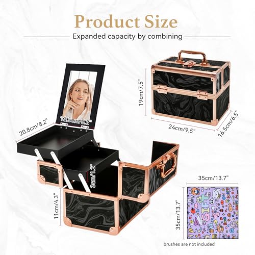 GALHUBIS Rose Gold Black Makeup Train Case with Mirror & 2 Trays - Portable Cosmetic Organizer for Salon & Travel