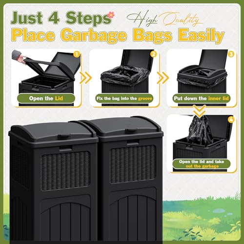 Greesum 33 Gallon Outdoor Waterproof Resin Trash Can with Lid - 2 Pack, Black