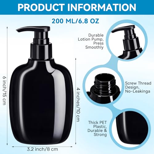24 Pack Refillable Black Plastic Pump Bottles 6.8 oz Travel Shampoo & Lotion Dispensers - Variation of THIS listing