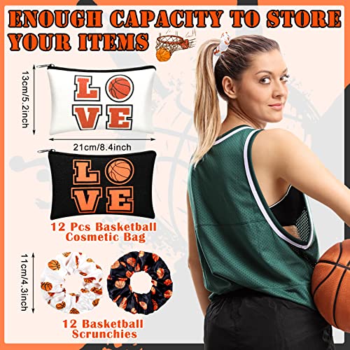 Basketball Theme Makeup Bags & Satin Hair Scrunchies Set - Girl's Gift (Black, White, Multicolor)