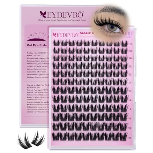 EYDEVRO Bunny Lash Clusters Manga Eyelash Clusters Wet Look Fairy Wispy Cluster Eyelash Extensions Anime Cluster Lashes 120 Pcs 10-16mm C Curl DIY Lash Extensions