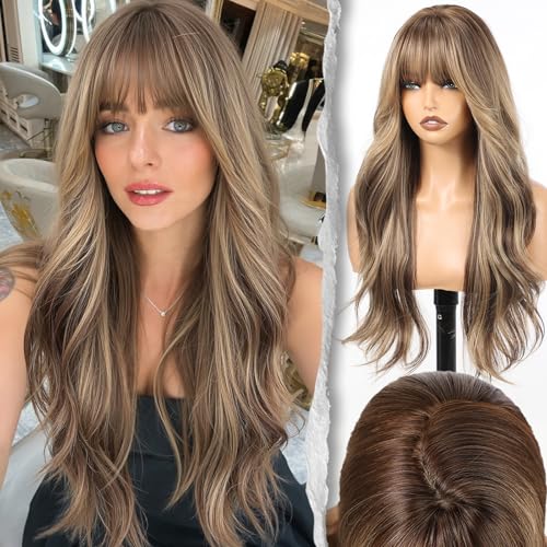 Caramel Hazelnut Brown Wavy Wig with Bangs - 22 Inch Voluminous High Crown Hairpiece for Women