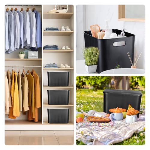 Storage Bins with Lids - 8 Pieces, 14.2 x 10.2 x 9.5 Inch Black Plastic Organizer