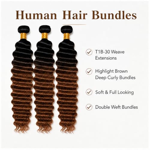 Biliisyff Ombre Deep Wave Human Hair Bundles 8-12 Inch T1B/30 Brown Variation
