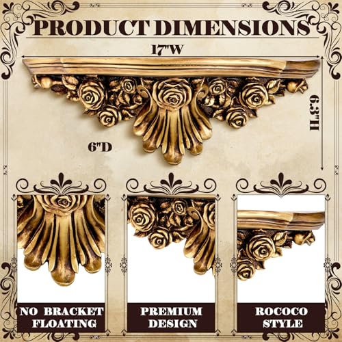 Pinkunn Vintage Floating Wall Shelf Antique Gold Classic French Fleur-de-lis, 17-Inch Ledge